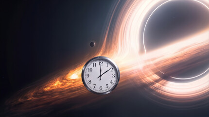 Fototapeta premium Analog clock floating in deep space near massive black hole. Time dilation and relativity concept in interstellar environment.