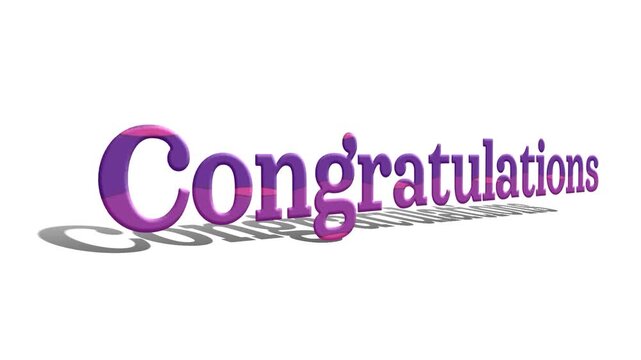 3D typography motion graphic animation wth the word congratulations in purple text with a realistic drop shadow effect