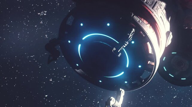 A sleek spacecraft hovers against a backdrop of twinkling stars, showcasing advanced technology. Blue lights illuminate the vessel, hinting at an adventurous journey through space.