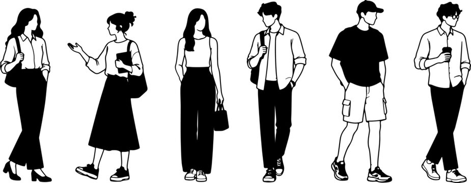 Black and White Vector Illustration of Men and Women in Modern Casual Fashion