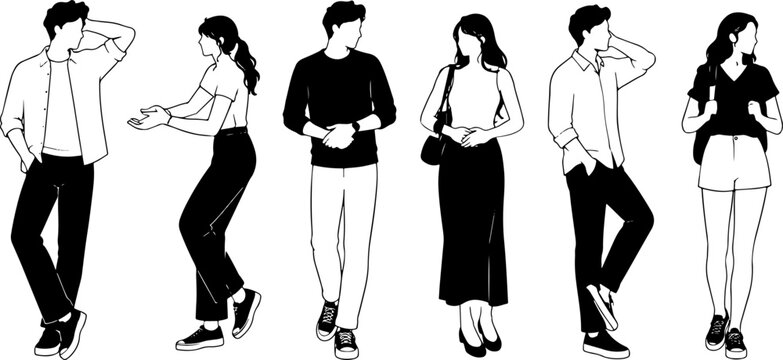 Black and White Vector Illustration of Men and Women in Casual Fashion Poses