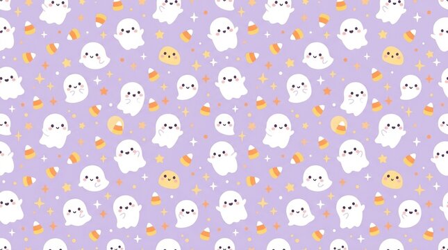 Seamless halloween pattern with cute white ghosts and candy corn on purple