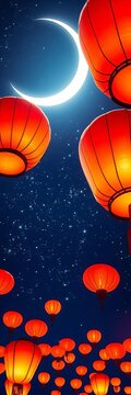 Sweet crescent moon shining bright on a starry night sky with colorful lanterns floating above, stars, lanterns
