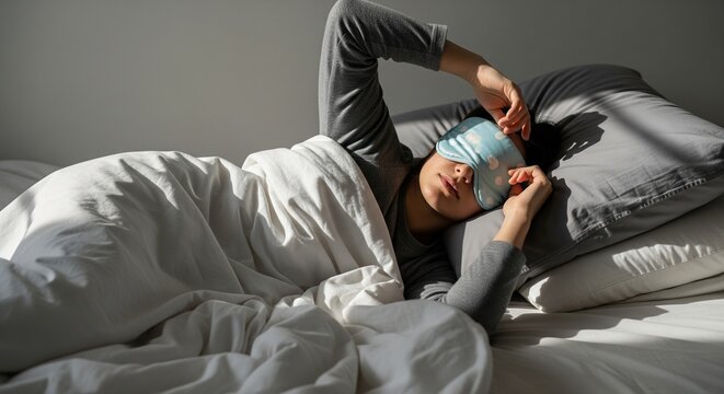 Woman sleeping in bed wearing a blue polka dot sleep mask in sunlight