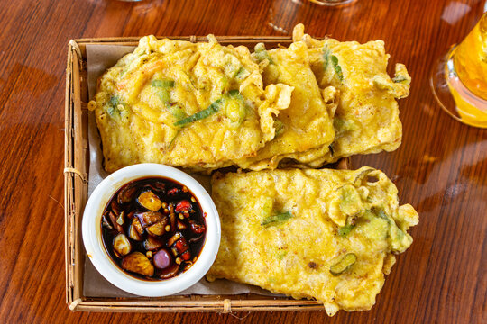 Indonesian Mendoan Tempeh, Thin Fried Soybean Cakes with Seasoned Batter with Soy sauce chili relish