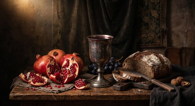 Classic still life composition featuring pomegranates, a silver goblet, and rustic bread on a wooden table.