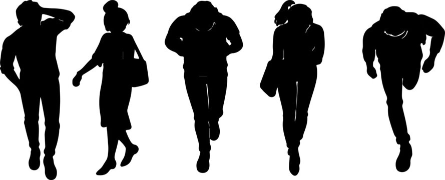 Black Silhouettes of Men and Women Walking and Running in Casual Clothing
