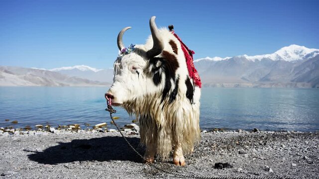 decorated yak standing by the shore of Baisha Lake in Xinjiang with snow mountains