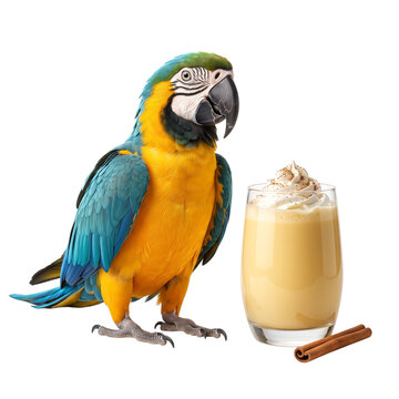 A colorful blue and yellow macaw parrot standing next to a glass of eggnog with whipped cream and cinnamon sticks transparent background