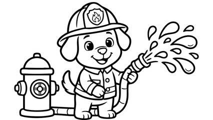 Obraz premium Brave Firefighter Dog With Water Hose Coloring Page