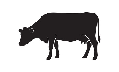 Obraz premium Black silhouette of a standing dairy cow isolated on a simple plain white background