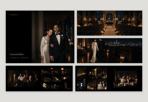 Wedding Photo Book Template, Minimalist Bridal Album & Elegant Photography Layout, Black Background Memory Book & Marriage Keepsake