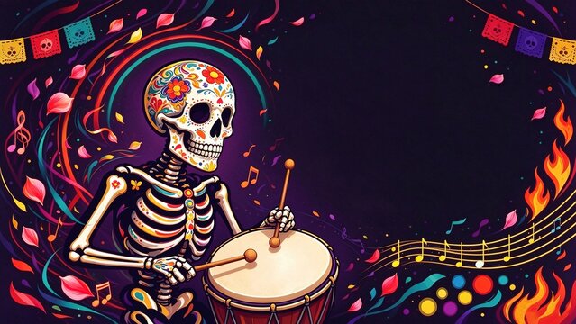 Day of the Dead Musician Skeleton Playing Drum. Colorful painted skeleton, marigold petals, musical notes and papel picado, dark copy space. Great for Dia de los Muertos party flyers.