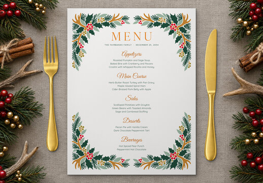 Woodland Christmas Menu Template, Rustic Botanical Holiday Dinner Card for Restaurants, Banquets & Winter Weddings