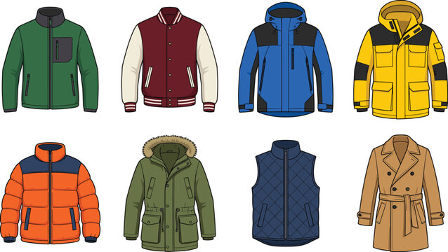 Winter Outerwear Collection with Jackets, Parkas, Puffer Coats, Vest and Classic Trench Coat  Outerwear Collection with Jackets, Parkas, Puffer Coats, Vest and Classic Trench Coat Illustrations