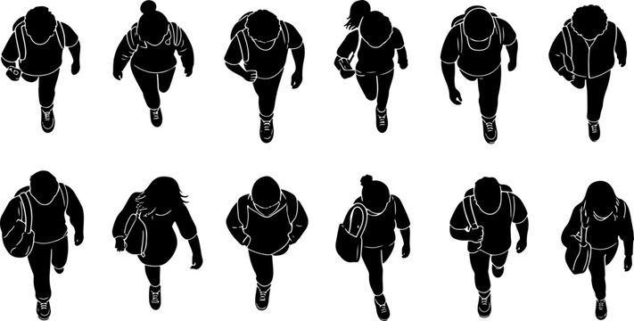 Set of Black Running Athlete Silhouettes in Dynamic Front View Poses on White Background