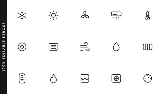 HVAC climate control cooling line web icon set. Air conditioner, fan, snowflake, thermometer, heater, humidity control, and heating system. Thin outline icons collection. Editable stroke.