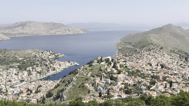 Symi town and harbor seen from the hill above, Symi island, Greece