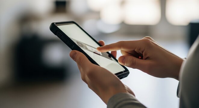 Close-up of hands using a smartphone with a black case indoors