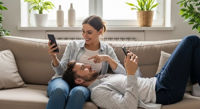 Happy couple relaxing on sofa using smartphones at home