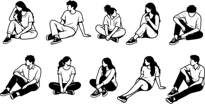 Hand Drawn Black and White Vector Illustration of Women Sitting in Relaxed Poses