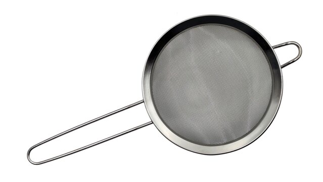 Top view of a stainless steel fine mesh strainer (sieve) with long handle and a resting hook, isolated on white background, ideal for kitchenware, baking, sifting flour and culinary photography.
