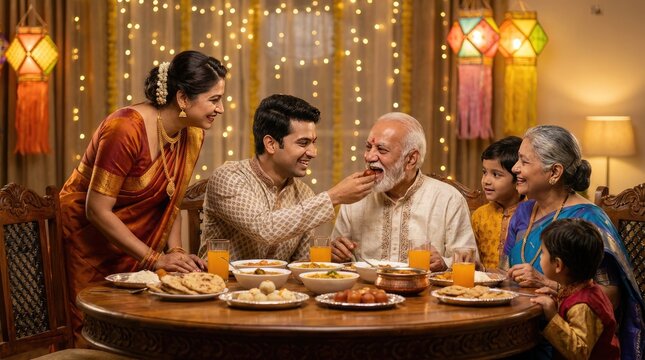 Happy Indian man lovingly feeding traditional sweets to his father during Diwali, celebrating family bonds, respect, gratitude, and festive happiness.