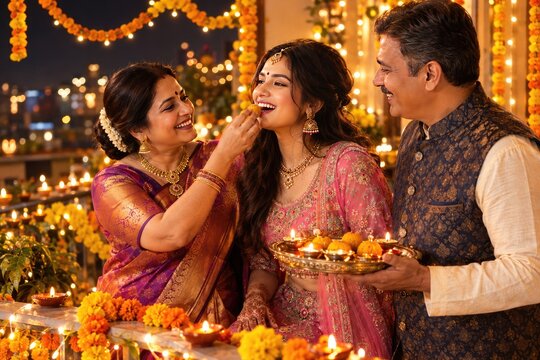 happy indian parents feeding his young girl sweets on diwali festival