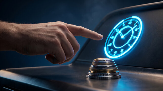 Person pressing digital button with coins stack and glowing clock interface