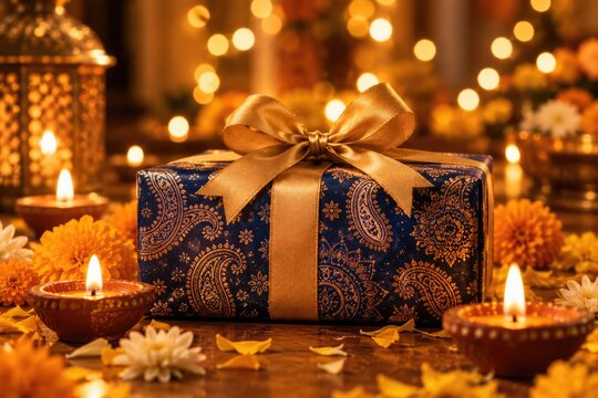 Beautiful Diwali gift box decorated with a traditional glowing oil lamp and vibrant marigold flowers