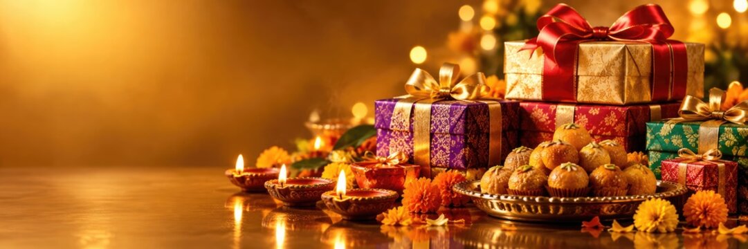 Beautiful Diwali gift box decorated with a traditional glowing oil lamp and vibrant marigold flowers