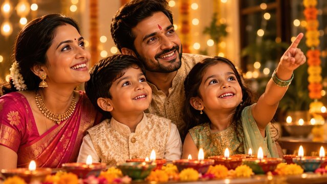 Happy Indian family with parents, a little girl, and a little boy dressed in traditional festive clothing
