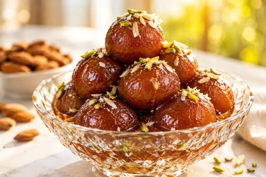 Delicious golden-brown Indian gulab jamun soaked in sugar syrup and served in a bowl for Diwali