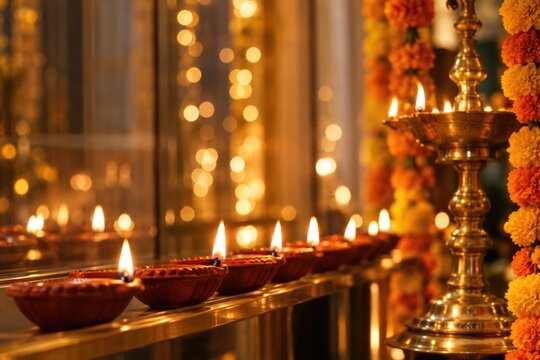Traditional Indian oil lamp glowing beside vibrant marigold flowers during Diwali