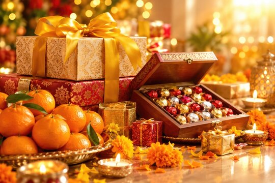 Fresh orange fruits, traditional glowing oil lamps, elegant gift boxes, and vibrant marigold flowers beautifully arranged on a table for Diwali