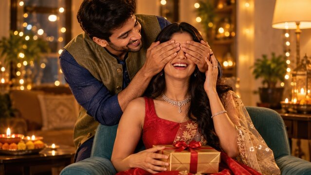 Happy Indian husband gently covering his wife's eyes before presenting a surprise gift during Diwali