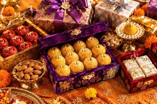Beautifully arranged boxes of traditional Indian sweets and assorted dry fruits for Diwali