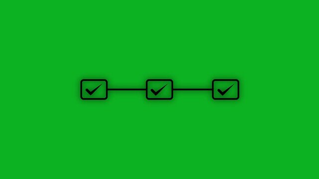 Animated checklist process with three checkmarks on green screen for easy chroma key compositing workflow