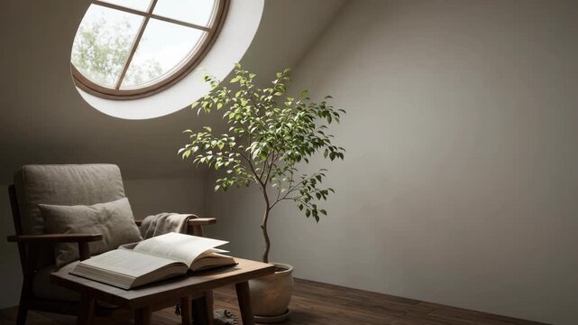 quiet reading corner with armchair, open book and potted tree beneath round attic window. warm sunlight and natural textures create peaceful minimalist home interior.