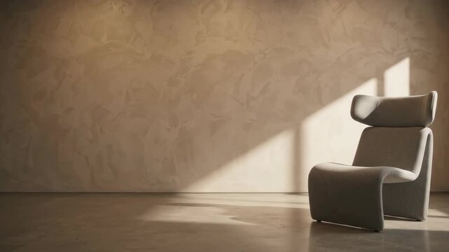 sculptural upholstered armchair stands against textured beige wall as sunlight and shadows shift across room. minimal interior design with generous empty space and warmth.