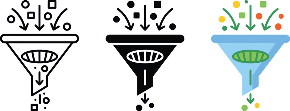 Set of funnel symbols representing process filtration and data separation in three distinct styles