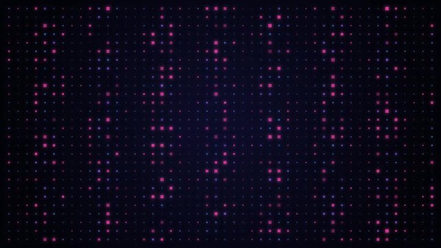 Abstract digital background featuring neon purple and blue glowing square pixels blinking on dark grid surface for futuristic technology motion graphics.
