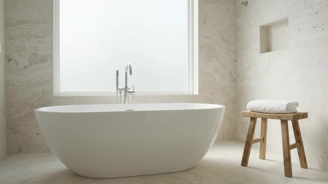 freestanding white bathtub beneath frosted window in pale stone bathroom. folded towel on wooden stool adds natural touch to serene minimalist wellness interior.