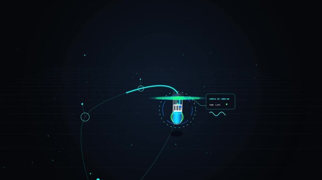 Medical test tube icon floating in digital cyberspace representing vaccine research and smart logistics data tracking.