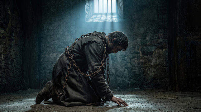 Bearded man kneeling in dark stone dungeon cell. Prisoner bound by heavy iron chains under light from barred window.