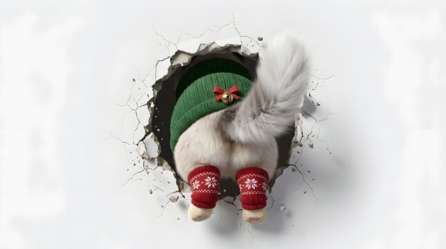 Christmas Gnome Popping from Hole, Green Hat with Holly and Red Boots