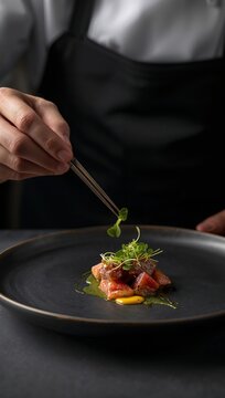 Professional chef plating gourmet dish with tweezers microgreens in fine dining restaurant