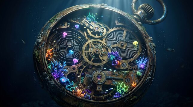 Vibrant Coral Reef Inside Antique Skeleton Watch
