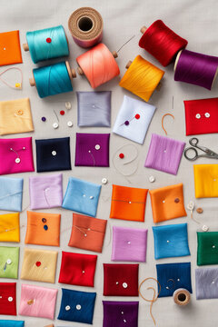 Colourful fabric squares and sewing notions overhead