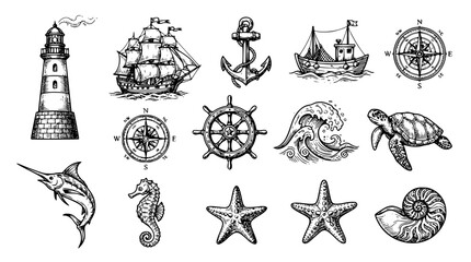 Vintage Nautical Maritime Elements Hand Drawn Icon Set with Lighthouse Sailing Vessel Anchor Wind Rose and Ocean Wildlife Symbols for Retro Travel Designs © MdShahin